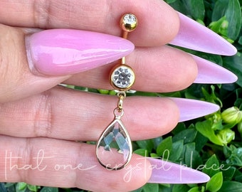 BIN #163 Beautiful Clear Quartz Crystal Gem Stone Teardrop Gold Simple Boho Dangle Navel Belly Button Ring 316L Stainless Steel