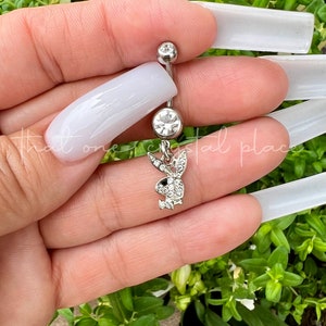 BIN #87 Silver Playboy Bunny Bling Crystal Inspired Dangle Navel Belly Button Ring 316L
