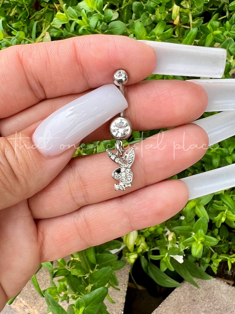 BIN 87 Silver Playboy Bunny Bling Crystal Inspired Dangle Navel Belly Button Ring 316L Silver