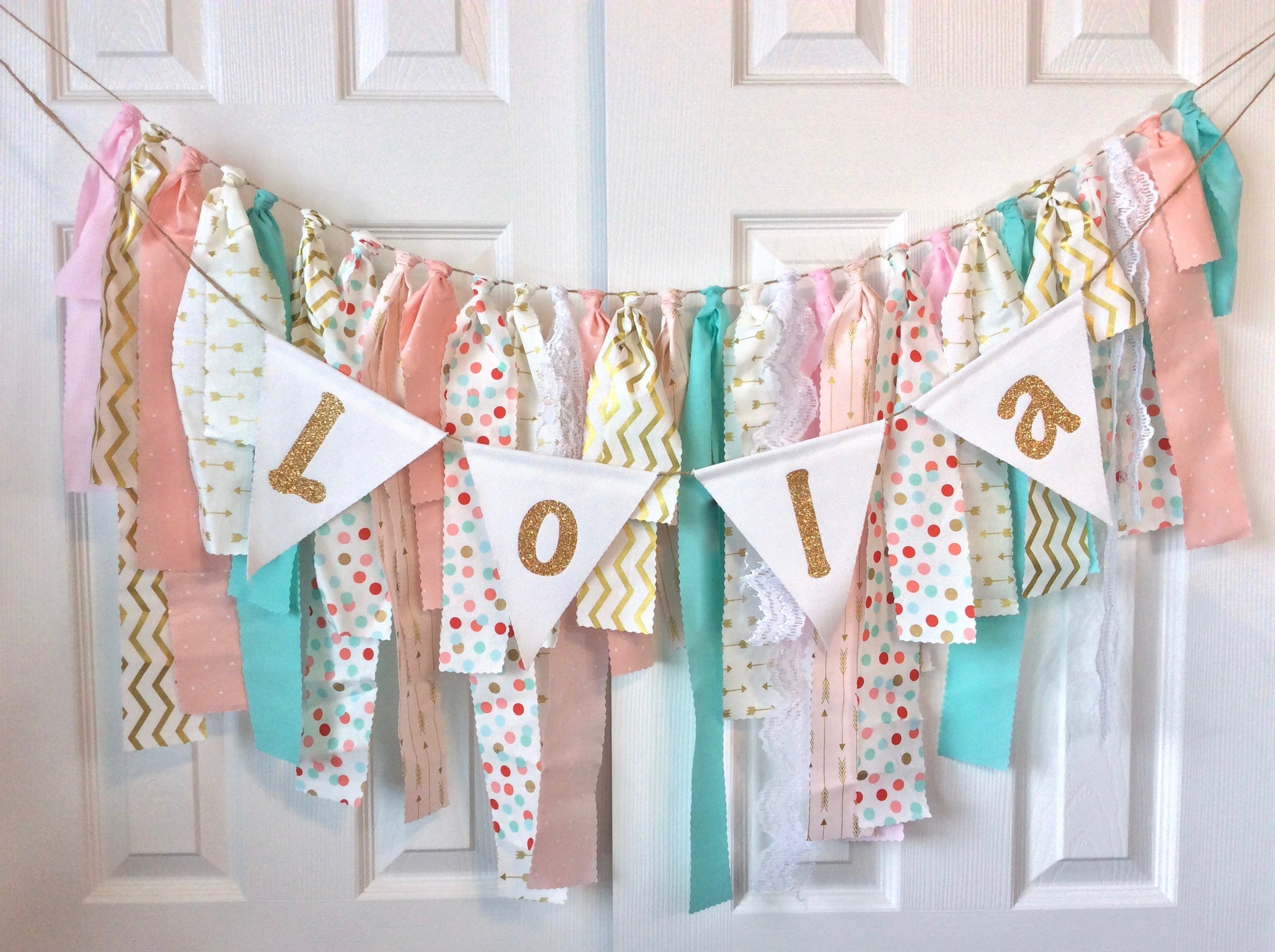 Personalized Fabric Bunting Name Banner in Pink Coral Mint Etsy