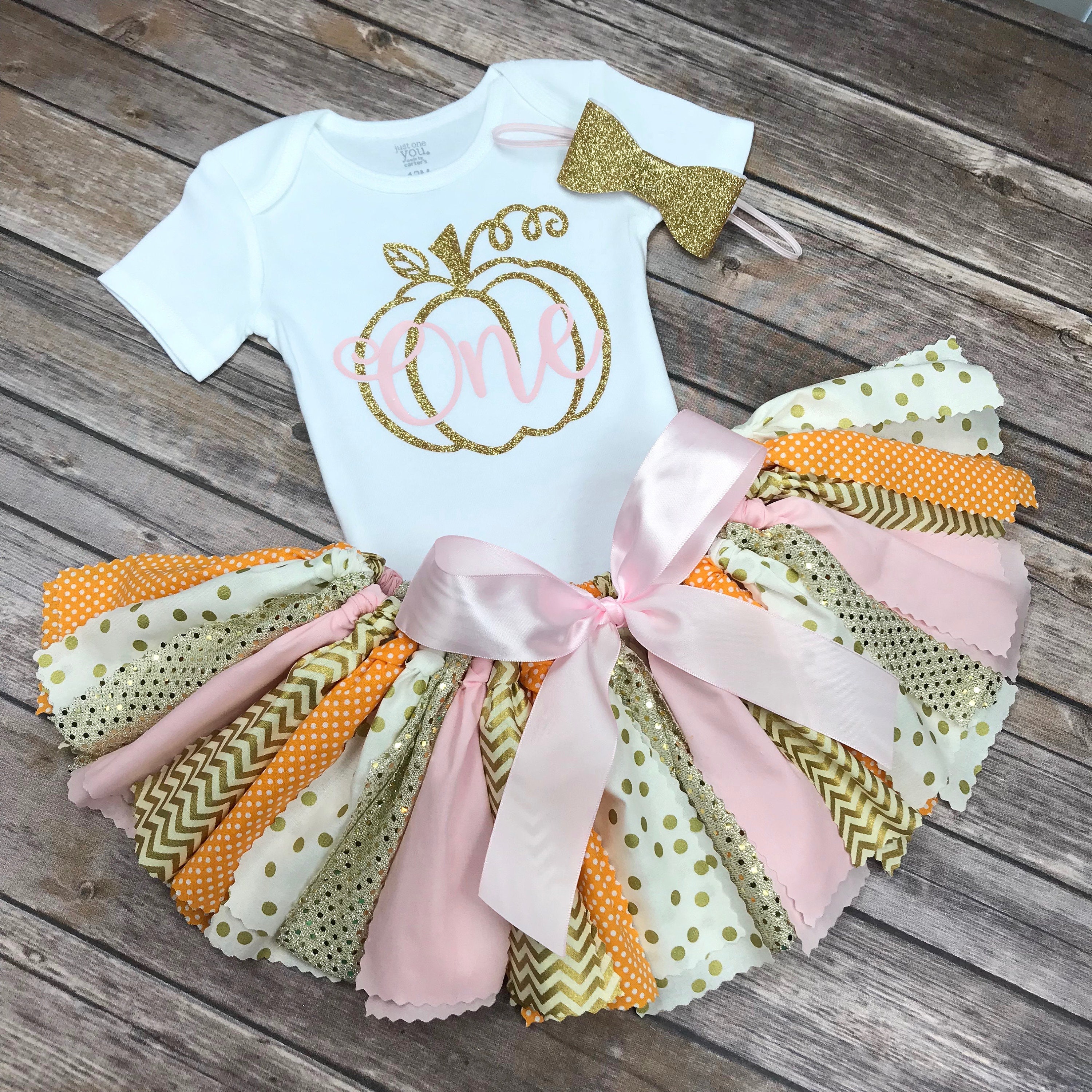 Orange, Light Pink and Gold Glitter Pumpkin Patch Birthday Outfit - O…