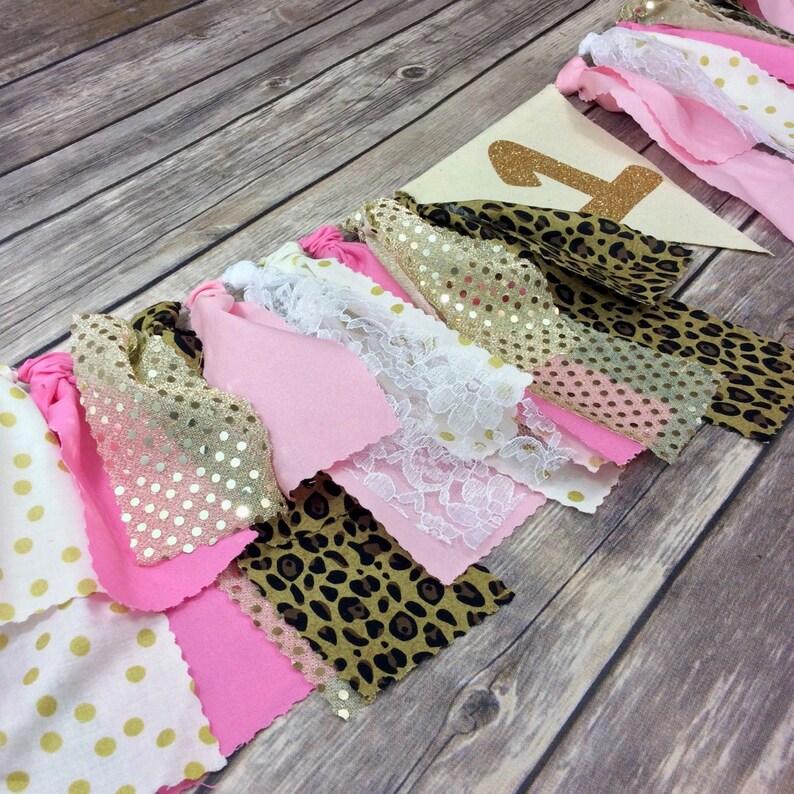 Wall Or High Chair Pink And Cheetah Leopard And Gold Glitter Jungle Safari Fabric Birthday Banner In Animal Print Zoo Birthday Banner