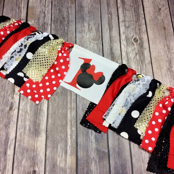 High Chair Fabric Minnie Mouse Birthday Banner In Red Black And Gold Glitter With Lace Polka Dots Photo Backdrop Party Decor Disney