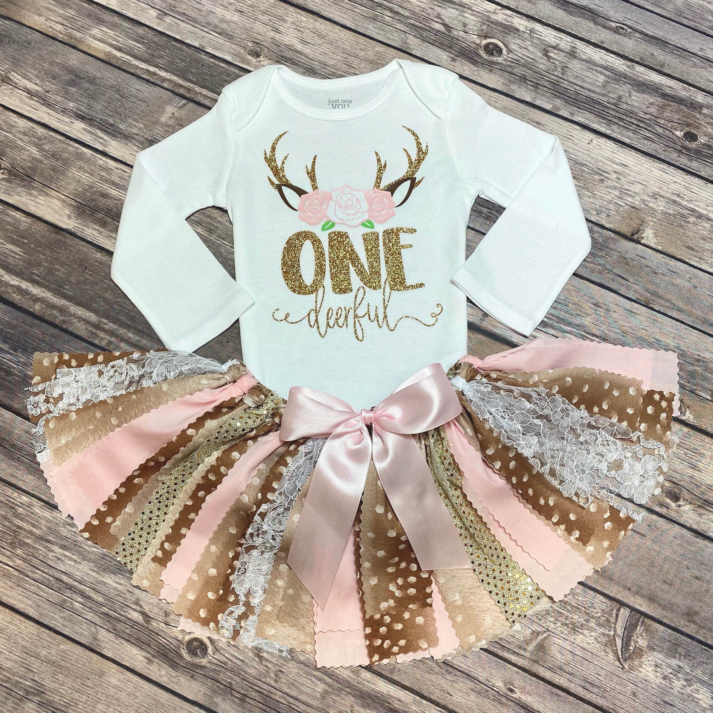 ONEdeerful Deer Fawn Pink and Gold Glitter Floral Crown Antlers First…