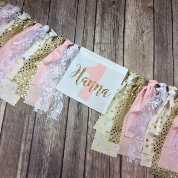 Wall Or High Chair Banner In Light Pink And Gold Glitter Fabric Birthday Banner Sequins And Lace High Chair Tutu Skirt 1 Year Old