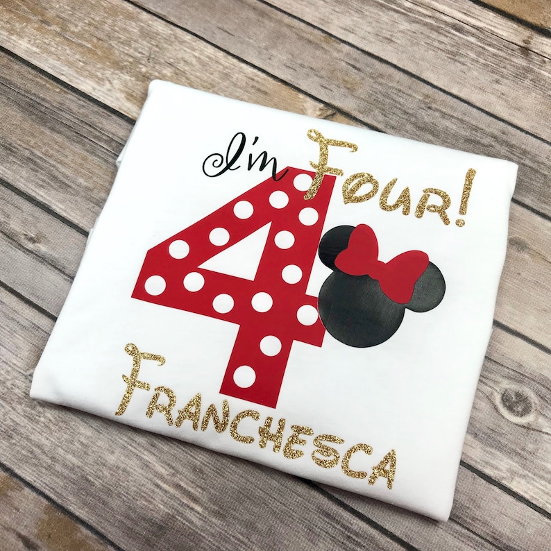 Black and Gold Glitter Minnie Mouse I/'m Four Birthday Girl Personalized Shirt Polka Dot Fourth Birthday 4 Year Old Four Year Old Red