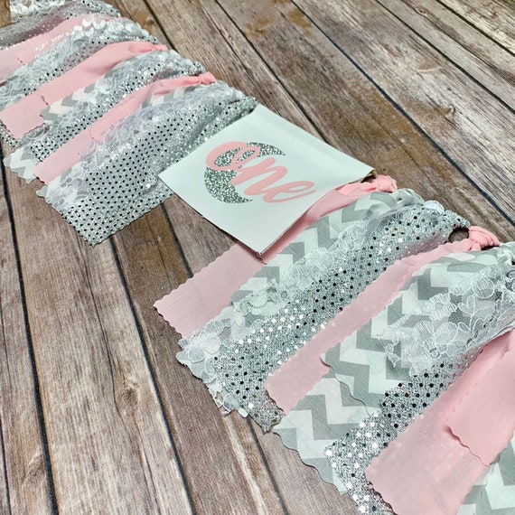 Pink And Silver High Chair Banner Love You To The Moon And Back Fabric Birthday Banner In Light Pink And Silver Glitter Photo Backdrop