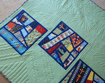 Personalized Robot Quilt – Rocket Ship Nursery Blanket, Modern Cotton Baby Quilt