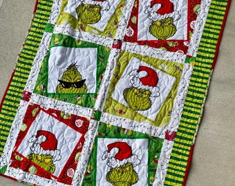 Grinch Six Faces - Christmas Quilt – Seuss Baby Shower Crib Quilt, Personalized