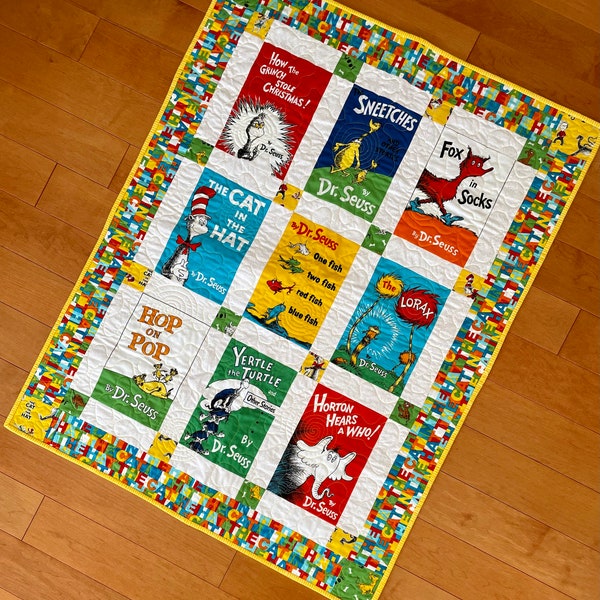 Seuss Books Baby Quilt - Seuss Wall hanging - Seuss Twin quilt, sham - Organic -  Seuss Bedding - Baby Shower - Heirloom Quilt - Personalize