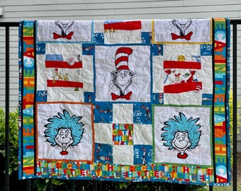 Cat in the Hat Baby Quilt – Seuss Nursery Decor, Personalized