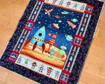 Rocket - and- Robot Baby Quilt - personalize - out-of-print Makeower  fabric LAST one available