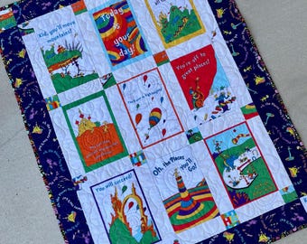 Seuss Book "Oh the Places You'll Go" Baby or Twin Quilt - Heirloom Bedding, Personalized