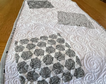 Black and White Quilted Table Runner, Modern Cotton Embroidery (14x62)