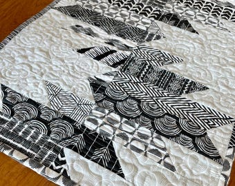 Black and White Quilted Table Runner, Modern Mountain pattern, Cotton Embroidery (15x58)