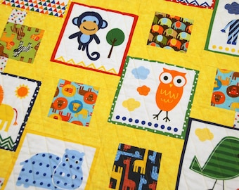 Personalized Baby Animal Quilt – Yellow Cotton Crib Bedding, Nursery Decor