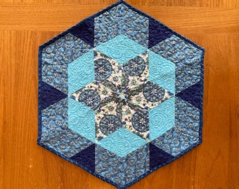 Hexagonal Quilted Table Topper – Peacock Design, Cotton Centerpiece