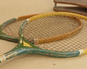 2 Raquetas de bádminton Vintage Wright & Ditson JC Higgins Whiz con prensa de cabeza - Raqueta - Raqueta - Raquetas - Pintura original verde - Par