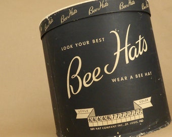 Vintage Hat Box With Lid - Bee Hats Company - Large Paper Board Oval Two-Sided Box - Retail - Storage - Boutique
