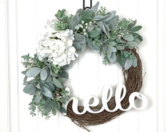 Lamb’s Ear Wreath For The Front Door, Hydrangea Wreath, Year Round Wreath With Hello Sign, Hello Wreath, Spring Door Decor