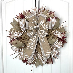 Primitive Burlap WREATH for Front Door, Year Round Wreath, Burlap Wreath, Primitive Decor, Rustic Decor, Farmhouse Welcome Wreath, Burgundy