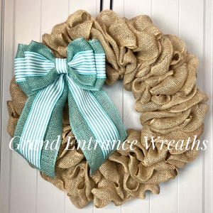 Summer Wreath, Year Round Wreath, Burlap Wreath With Blue Bow, Beach Wreath, Farmhouse Decor, Farmhouse Wreath, Farmhouse Decor, Rustic CUTE