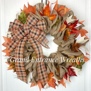 Fall Front Door Wreath | Fall Burlap Wreath | Thanksgiving Wreath | Autumn Wreath | Rustic Wreath | Maple Leaf Wreath | Farmhouse Wreath