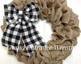Handmade Burlap Wreath with Buffalo Check Bow - Farmhouse Style