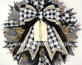 Burlap Wreath: Buffalo Check Bow, Rustic Farmhouse Decor
