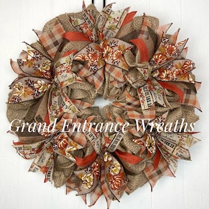 Fall Farmhouse Wreaths For Front Door, Fall Burlap Wreath, Autumn Wreath, Thanksgiving Wreath, Rustic Fall Decor, Primitive Fall Decor, CUTE