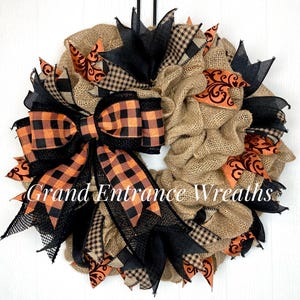 Halloween Wreath For Front Door, Farmhouse Halloween Wreath, Halloween Burlap Wreath, Rustic Halloween Wreath Fall Decor, Buffalo Check CUTE