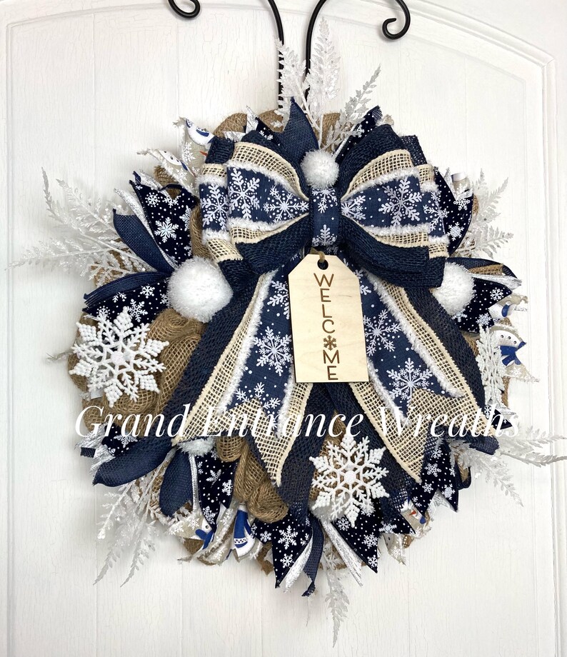 Winter Snowflake Burlap Front Door Welcome Wreath, Blue Snowman Holiday ...