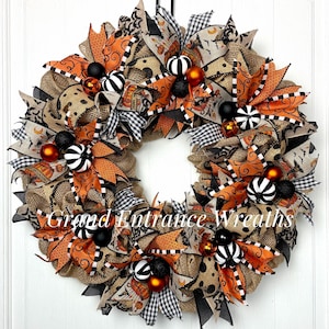 Large Rustic Burlap Halloween Wreath, Jack O Lantern Bow, Pumpkin Door Decor