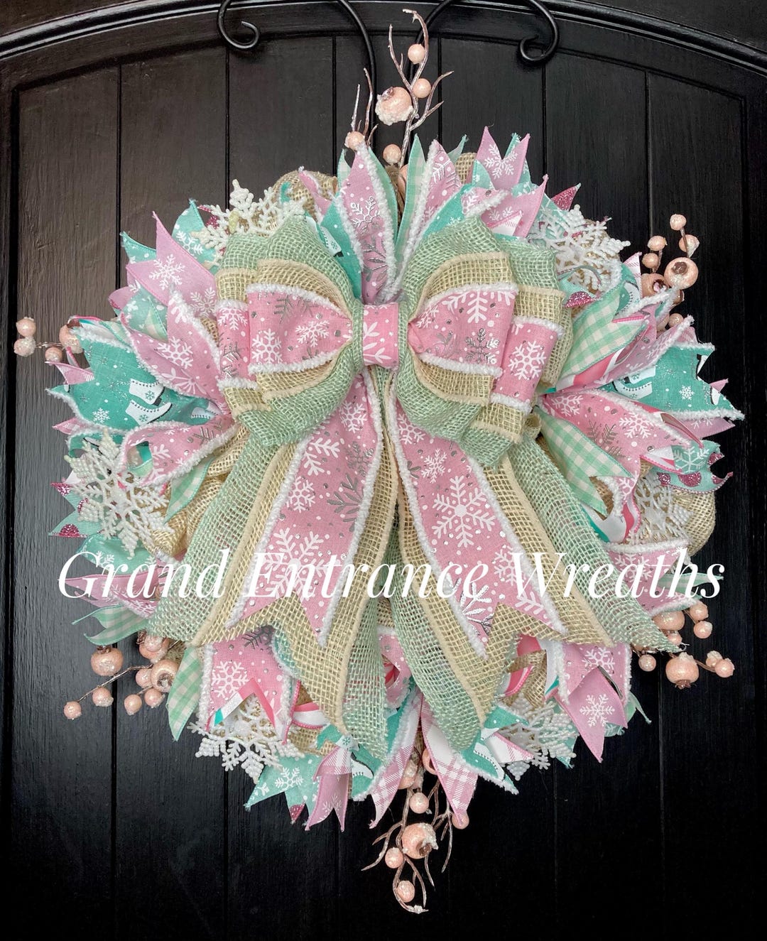 Snowflake Wreath: Pastel Pink Christmas Door Decor, Snowflake Ribbons ...