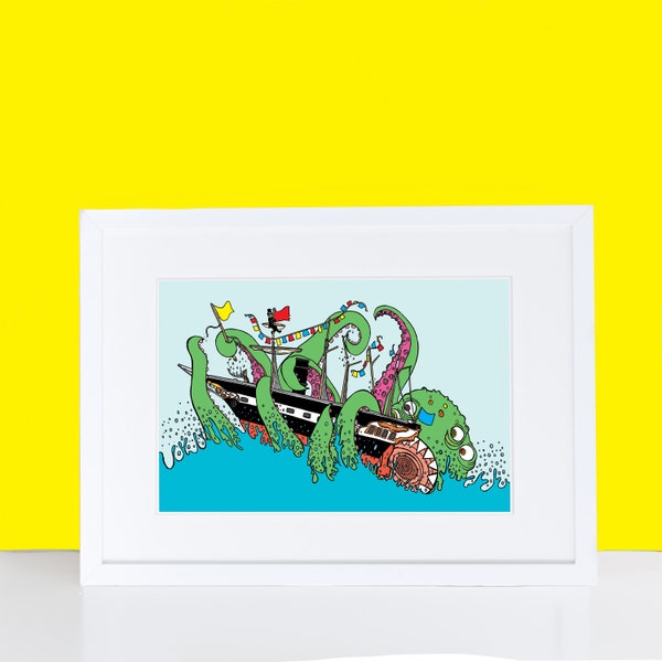 Octopus Vs SS Great Britain - Bristol Art - FREE SHIPPING - Brunel - A3 Print - Octopus - Kraken - Squid