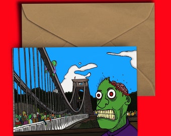 Zombies vs Bristol Suspension bridge - Birthday - Brunel - Greeting Card - Blank inside for your own witty ditty