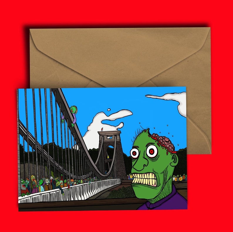Zombies vs Bristol Suspension bridge Birthday Brunel Greeting Card Blank inside for your own witty ditty image 1