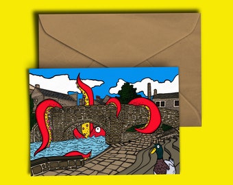 Octopus vs Hebden Bridge - Packhorse Bridge - Greetings Card