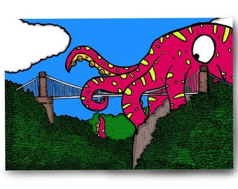 Monster vs Clifton Suspension Bridge - Bristol Art - FREE SHIPPING - Brunel - Print