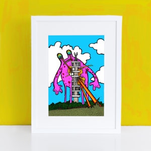 Alien vs Purdown Tower - Purdown Going Down - Bristol Art - FREE SHIPPING - Brunel - Print
