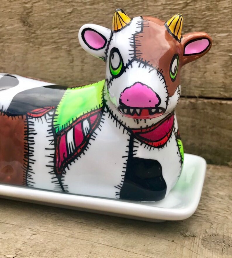 Butter Dish Frankenstein Cow Butter Dish Hand Painted House Frankencow