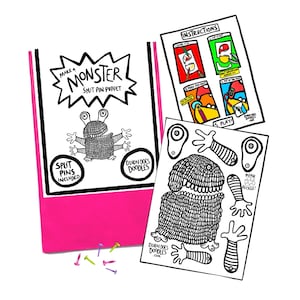 Könnte beinhalten: Ein rosa-weißes Papierbastelset zum Basteln einer Monster-Split-Pin-Puppe. Das Set enthält eine Monster-Vorlage, Split-Pins und Anweisungen. Das Monster hat ein breites Lächeln und sechs Arme.