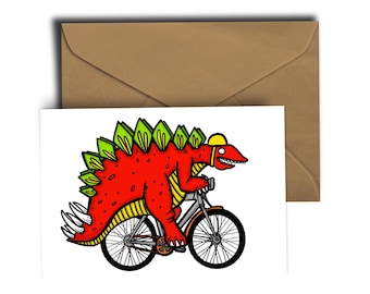 Stegosaurus Riding A Bike - Cycling - Dinosaur - Birthday Card