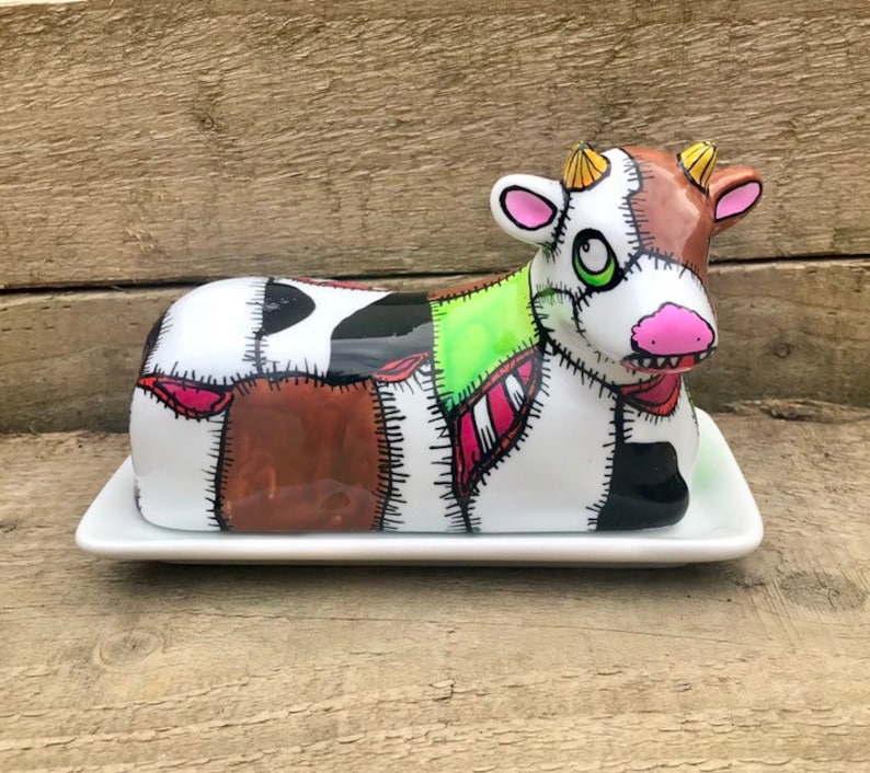 Butter Dish Frankenstein Cow Butter Dish Hand Painted House Frankencow