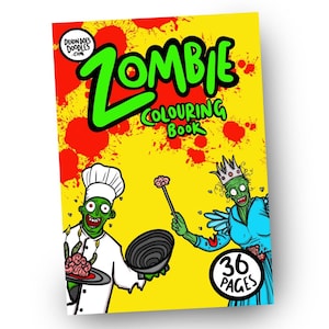 May include: A yellow colouring book with a green and red "Zombie Colouring Book" title. The cover features a zombie chef holding a pan and a zombie queen holding a brain-shaped wand. The book has 36 pages.
