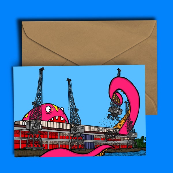 Bristol’s Mshed getting mashed by a monster - Birthday Card - Blank inside for your own witty ditty.