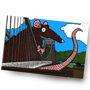 May include: A cartoon illustration of a large brown rat climbing on a suspension bridge. The rat has a pink tail and is smiling. The bridge is made of metal and has a blue sky in the background.
