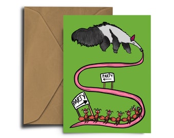 Ant Conga- Birthday Card - Anteater - A6 greeting Card