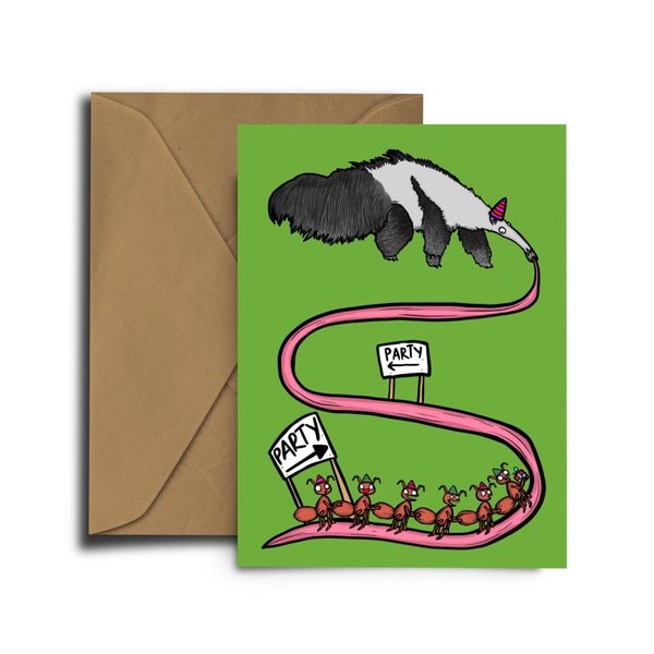 Ant Conga- Birthday Card - Anteater - A6 greeting Card