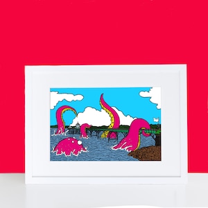 May include: A framed illustration of a pink octopus with yellow tentacles reaching up towards a pier. The octopus is in the ocean with blue water and white clouds in the sky.